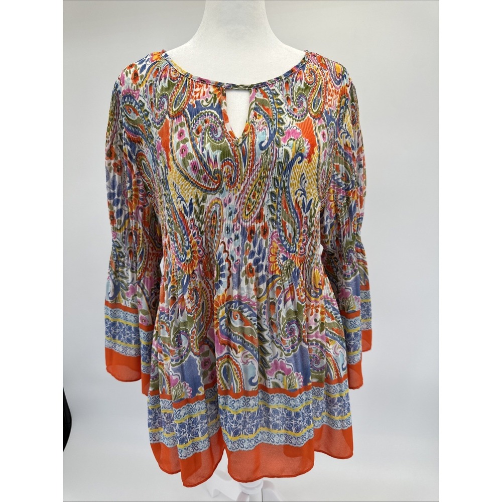 Floral & Ivy Paisley Pleated Boho Tunic Top P XL Multicolor 3/4 Balloon Sleeve